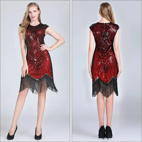 Vista 7 de PLULON 1920s Sequin Beaded Fringed Flapper Dress with 20s Accessories Set
