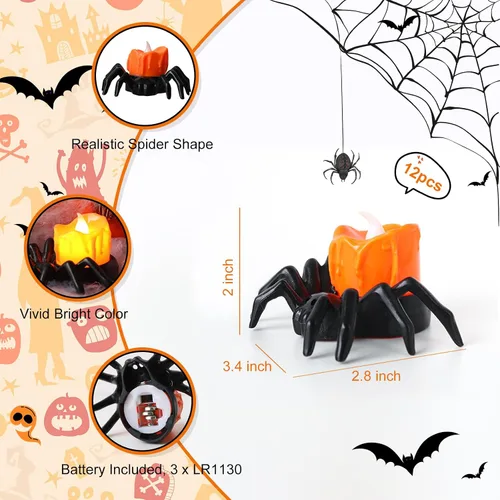Vista 2 de YBB 12 velas de té de araña de Halloween, novedosas velas LED sin llama, funciona con pilas, lámparas de té naranja para fiesta de Halloween, mesa