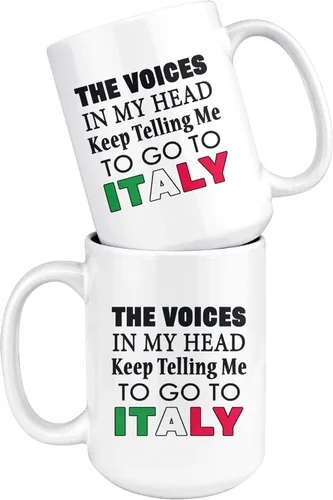 Vista 4 de P.S. I Love Italy Taza de café grande – Voces en mi cabeza – Taza de cerámica blanca personalizada para caliente y fría con diseños divertidos