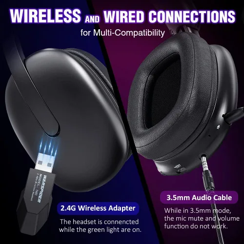 Vista 4 de WolfLawS TA82 Auriculares inalámbricos para juegos con micrófono desmontable con cancelación de ruido para PS5 PS4 PC, auriculares USB de 2.4 GHz