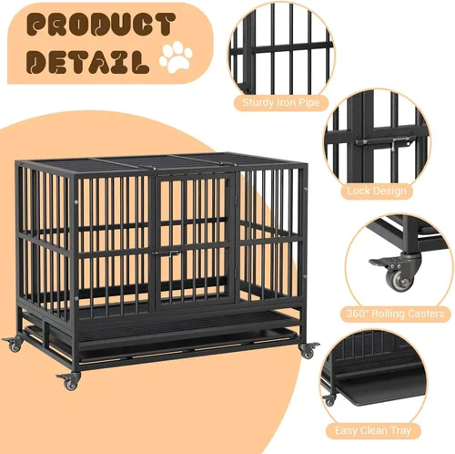 Vista 5 de Jaula para perros resistente de 37 pulgadas con ruedas, jaula indestructible de acero a prueba de escape, ruedas con bloqueo de 360° y bandeja
