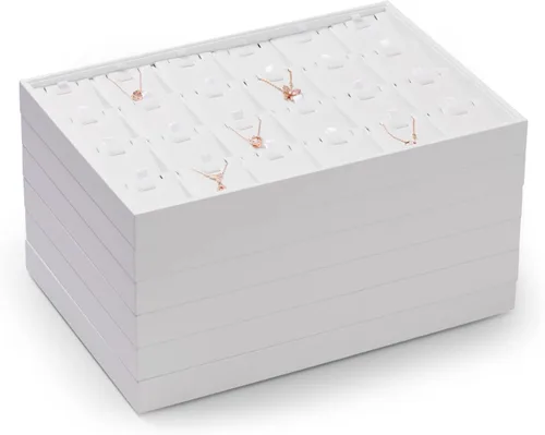 Vista 4 de Oirlv - Bandeja apilable de piel sintética color blanco de calidad prémium para joyas, 24 rejillas, organizador de cajones, bandejas para anillos