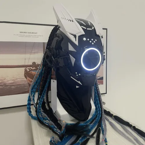 Vista 6 de YYINYUAN Máscara punk blanca futurista, decoración de casco de cosplay de Halloween con trenza ligera y sucia, máscara cibernética estilo guerrero