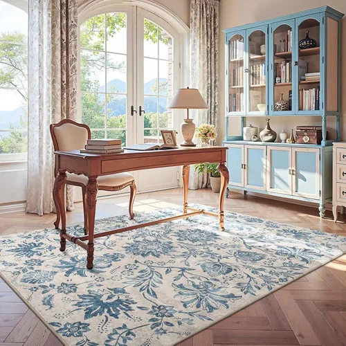 Vista 224 de jinchan Lima - Alfombra simétrica floral geométrica lavable, alfombra de entrada de medio círculo de 2 x 3, alfombra de media luna, suave y Azul