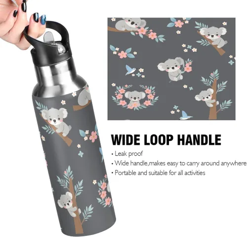 Vista 3 de Linda botella de agua de koala para niños, de acero inoxidable, con aislamiento al vacío, botella de boca de sandard con asa ancha #01