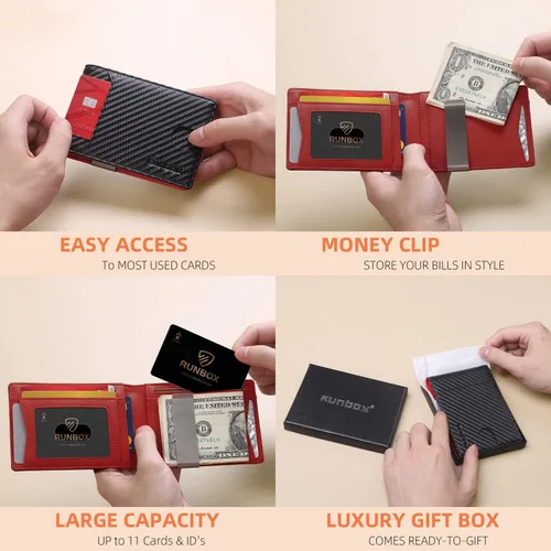 Vista 10 de RUNBOX - Carteras delgadas para hombre, cartera de piel con pinza para el dinero, cartera de bolsillo frontal con bloqueo RFID, tarjetero