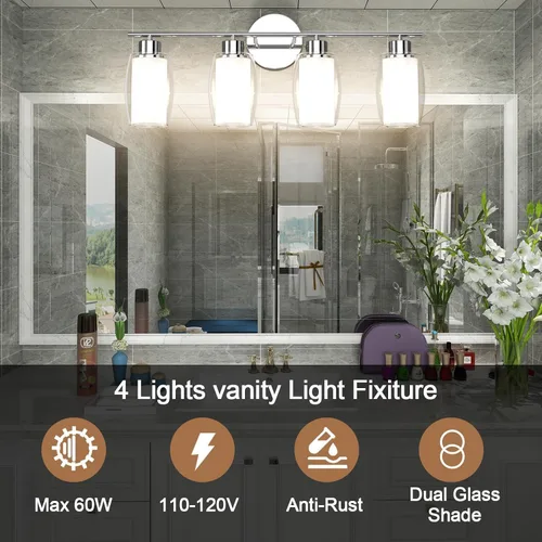 Vista 6 de Aipsun Lámpara de baño con 4 luces, luces cromadas arriba y abajo, modernas luces de bahthroom con vidrio transparente y vidrio esmerilado, luces