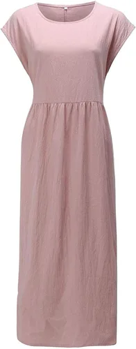 Vista 3 de Vestido de lino y algodón para mujer, para verano, playa, casual, holgado, sin mangas, cuello redondo, holgado, con bolsillos