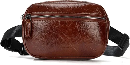 Vista 14 de Ausion Riñonera de cuero para hombres y mujeres, cangurera para senderismo, correr, viajes, múltiples bolsillos - Riñonera con cremalleras Marrón