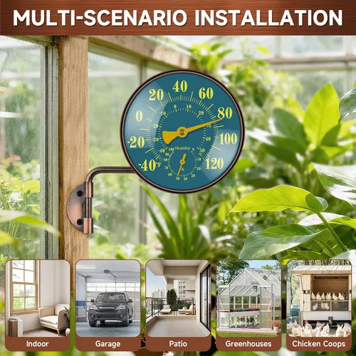 Vista 3 de Termómetro higrómetro para exteriores de 4 pulgadas, termómetro retro de latón para patio, medidor de temperatura impermeable con esfera fácil