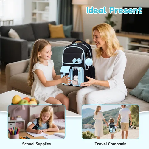 Vista 8 de Mochila para niñas, mochila escolar para niñas, bonita mochila con lazo para niñas, niños y adolescentes, para estudiantes de escuela primaria