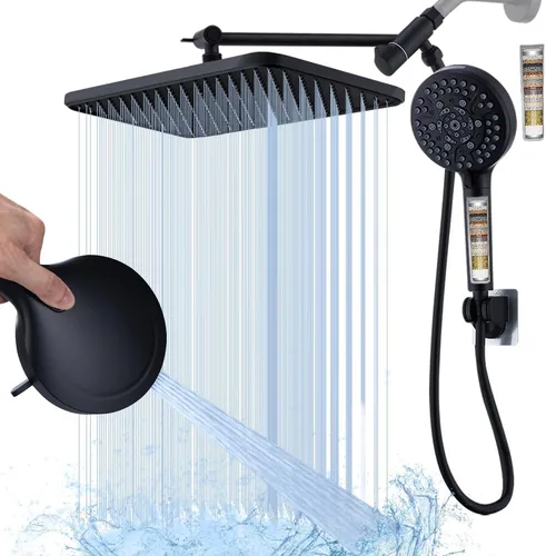 Vista 2 de Cabezal de ducha grande con filtro de alta presión negro con mano, cabezal de ducha de lluvia de 14 pulgadas y 10 pulverizadores de mano con filtro