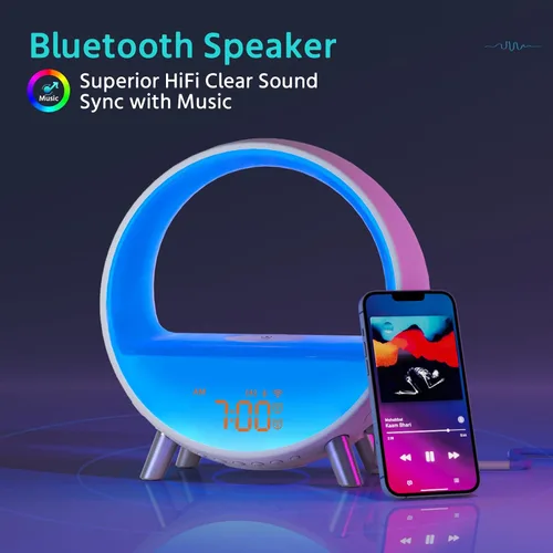 Vista 4 de MOMILLA Reloj despertador Sunrise con estación de carga inalámbrica de 15 W, altavoz Bluetooth y máquina de ruido blanco, luz de despertador