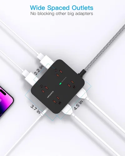 Vista 5 de Protección Contra Sobretensiones con Alargador de Corriente, HANYCONY 8 Salidas con 4 Puertos de Carga USB (2 USB C), Extensor de Salidas Laterales