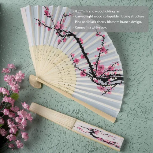 Vista 3 de Abanico plegable seda delicado diseño flor de cereza., talla única
