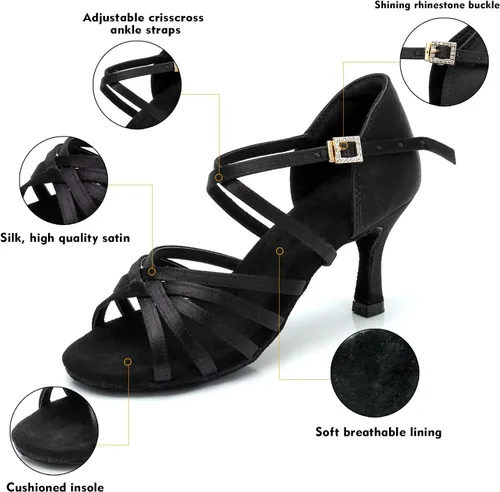 Vista 5 de RoseMoli Zapatos de baile latino para mujer, de satén, profesional, para sala de baile, salsa, práctica, rendimiento
