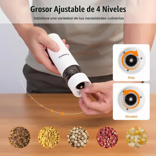 Vista 4 de Juego de molinillo eléctrico de sal y pimienta - Saleros y pimienteros recargables con grosor ajustable, juego de molinillo de sal y pimienta