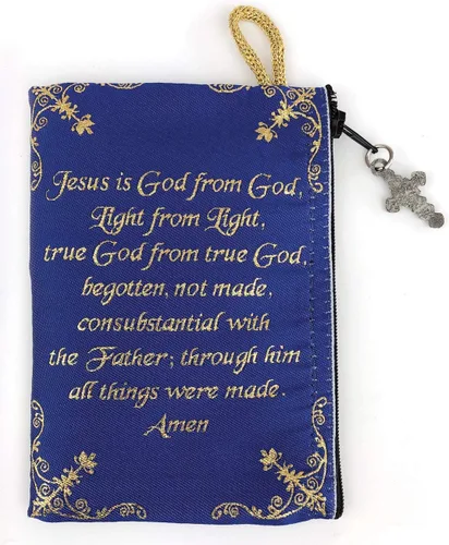 Vista 6 de Bolsa de rosario con cuerda católica de madera de olivo, rosario de Israel, Jesús Rey del Universo y creo en Dios, tela tejida, estilo tapiz, bolsa