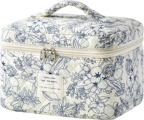 Vista 25 de HBselect Bolsa de Maquillaje Acolchada, Bolsa de Maquillaje Grande de Algodón para Viaje, Lindas Bolsas de Maquillaje con Flores Coquette, Bolsas
