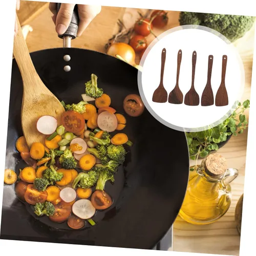 Vista 6 de Juego de utensilios de cocina de madera de 5 piezas para utensilios de cocina antiadherentes, cuchara de sopa de mango largo, práctica pala