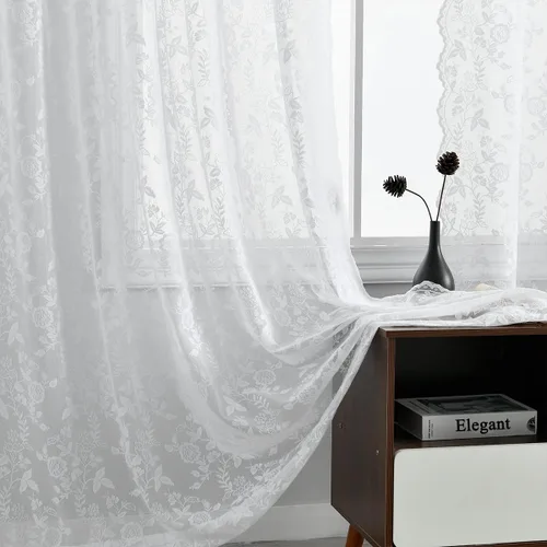 Vista 27 de FINECITY 2 paneles de cortinas de encaje beige de 36 pulgadas de largo con hojas florales rústicas, cortinas cortas y transparentes para ventana