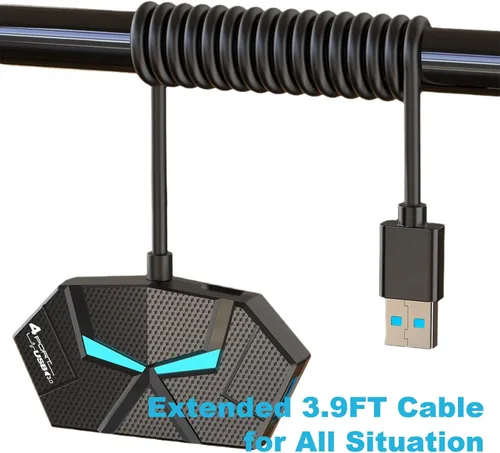 Vista 5 de Concentrador USB con 4 puertos de alimentación/datos, múltiples concentradores USB 3.0 USB 3.0, extensor divisor USB con luces, adaptador