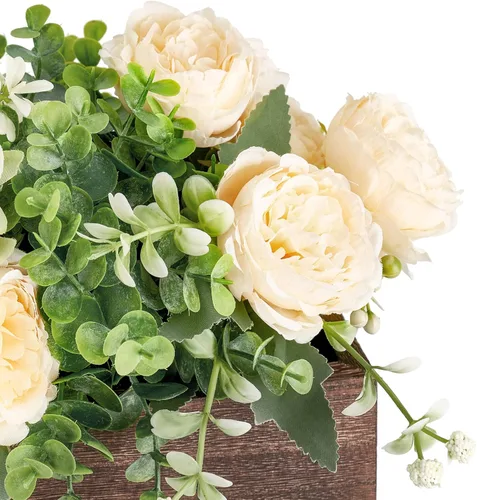Vista 5 de Dahey Decoración de mesa de centro de mesa para comedor, mesa de granja, bandeja de madera con 3 flores artificiales y 2 eucaliptos para sala