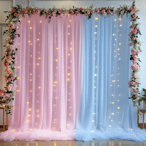 Vista 16 de Cortina de telón de fondo de tul negro de 10 x 10 pies con cadena de luces para fiestas, cortinas de fondo de fotos transparentes para bodas