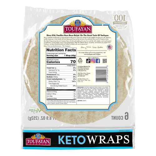 Vista 2 de Toufayan - Envolturas de tortilla KETO - 0.00 oz de carbohidratos netos, sin azúcar, 0.39 oz de fibra y 0.18 oz de proteína por envoltura, paquete