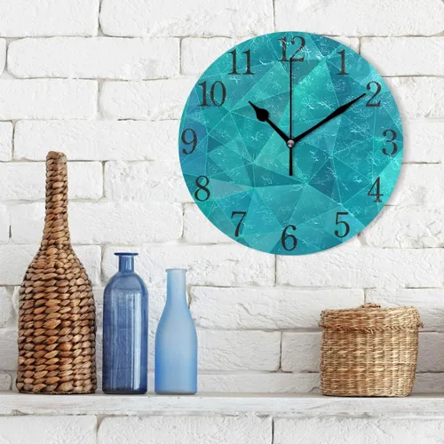 Vista 3 de Silent - Reloj de pared redondo sin tictac, geométrico, triángulo, verde azulado, azul, decoración del hogar, funciona con pilas para sala de estar