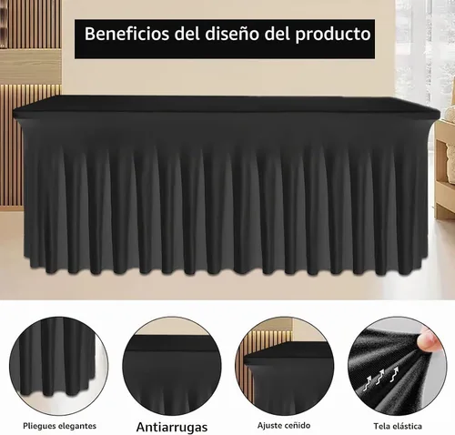 Vista 3 de Fundas de mesa ajustables de elastano de 6 pies para mesa rectangular de 72 x 30 pulgadas Falda de mesa negra, diseño de volantes, resistente al