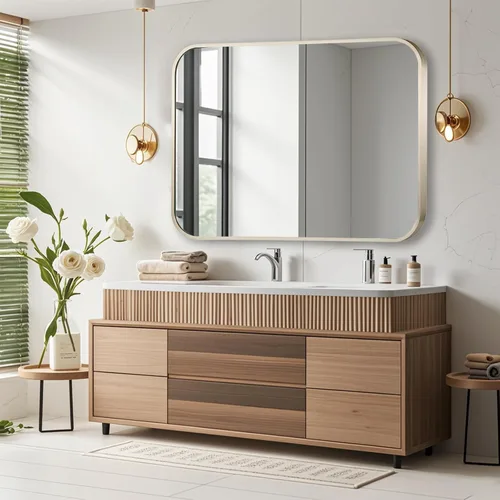 Vista 6 de Espejo de baño de níquel cepillado de 16 x 24 pulgadas, espejo rectangular enmarcado con esquina redondeada, espejo cepillado, espejo de baño