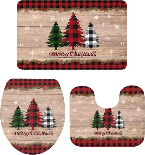 Vista 12 de Juego de 3 alfombras de baño de Feliz Navidad, diseño de muñeco de nieve, copo de nieve, gris nieve, absorbente, antideslizante, tapete