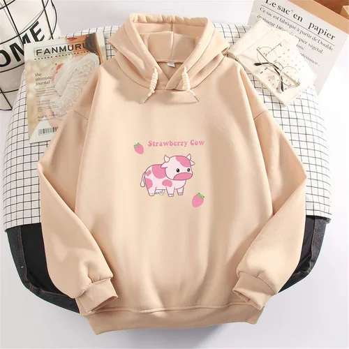 Vista 4 de KEEVICI Sudaderas con capucha para mujer, con estampado de vaca de fresa, casual, mullida