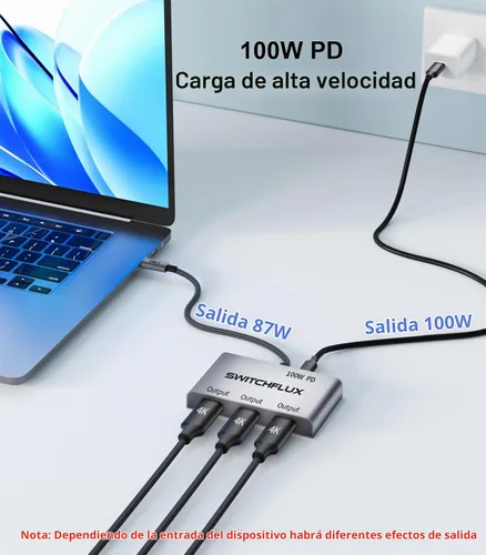 Vista 4 de Adaptador USB C a 3 × HDMI Divisor HDMI 4K60Hz Pantalla extendida Hub MST de 1 en 3 salidas con PD de 100 W para múltiples monitores convertidor