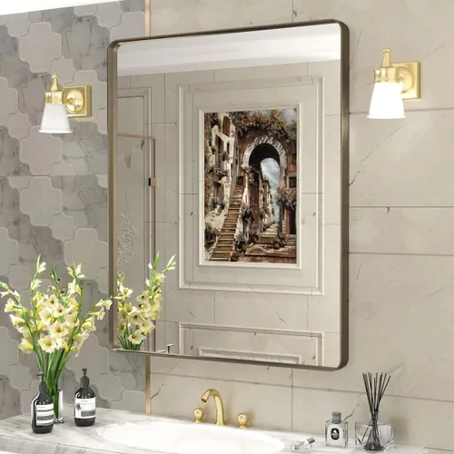 Vista 22 de Paquete de 2 espejos de baño con marco de metal negro de 22 x 30 pulgadas, espejo rectangular redondeado negro mate, antioxidante, se cuelga