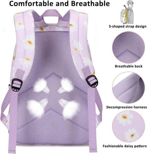 Vista 4 de Joyfulife Mochila para niñas con lonchera para niños, mochila para la escuela, ligera, resistente al agua, púrpura, (Daisy purple), Mochila