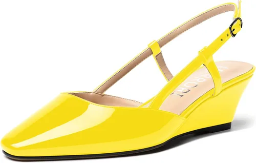 Vista 16 de MERRORI Zapatos de tacón bajo de cuña con hebilla y punta cuadrada para mujer, de patente sólida, de 2 pulgadas Beige