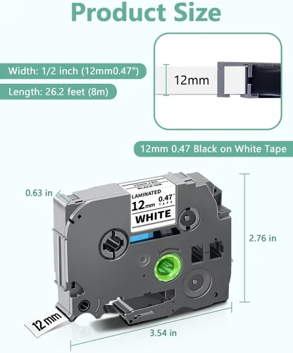 Vista 3 de Paquete de 10 cintas para etiquetadoras TZe-231 compatibles con Brother TZe de 0.472 in, 0.47 pulgadas, laminado blanco Tz-231, trabajo con etiqueta