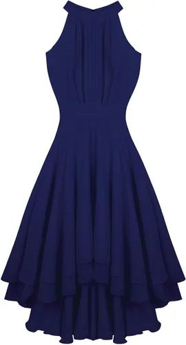 Vista 4 de TSSOE Vestido acampanado sin mangas con cuello halter para mujer, vestido de cóctel alto y bajo, vestido de fiesta de regreso a casa