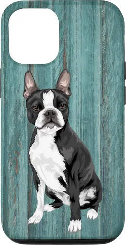 Vista 28 de Boston Terrier Faux Blue Wood Background Case for iPhone 17