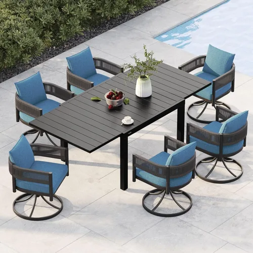 Vista 20 de Juego de comedor al aire libre Grand Patio de 5 piezas para 4, sillas de patio fijas de mimbre tejido metálico con cojines engrosados y 1 mesa
