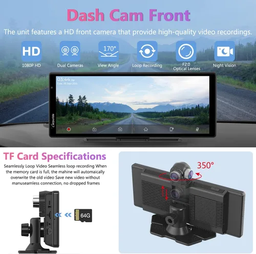 Vista 5 de CARPURIDE W903 Carplay portátil y Android Auto con cámara de salpicadero, pantalla HD IPS de 9.3 pulgadas, cámara frontal 4K y trasera 1080P