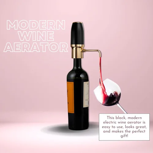 Vista 2 de Sip & Shimmer Aireador de vino eléctrico, aireador moderno, dispensador de vino eléctrico, vertedor de vino negro y dorado, bomba de vino