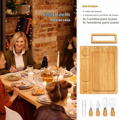 Vista 7 de Juego de tablas de bambú para charcutería con 4 cuchillos de queso, plato para servir 4 cuchillos de acero inoxidable, tabla de cortar. Ideal