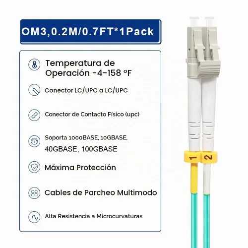 Vista 3 de Cable Patch de Fibra LC a LC OM3 0.2M, Opciones de Longitud: 0.2m-200m, 10GB/40GB Multimodo Dúplex, Cable de Fibra Óptica 50/125um Cordón
