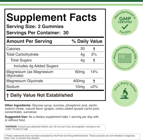 Vista 3 de Gomitas de glicinato de magnesio (400 mg por porción, suministro para 30 días, sabor a uva) Suplemento de magnesio de alta absorción para adultos