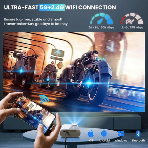 Vista 2 de Mini proyector, proyector con WiFi y Bluetooth, proyector portátil de soporte 1080P, altavoz integrado, compatible con teléfono