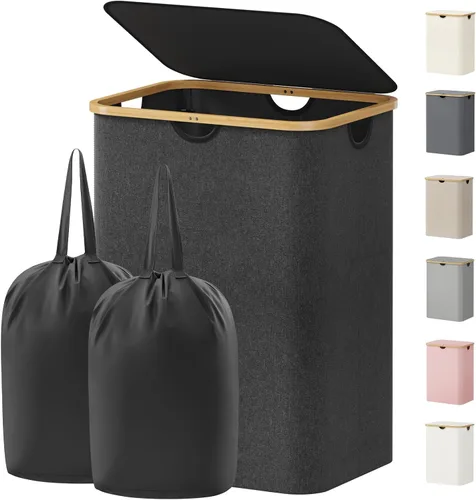 Vista 35 de Lifewit Cesta de lavandería de 80 litros con tapa, cestas de ropa para lavandería con asas de bambú y una bolsa de lavandería extraíble, cesta