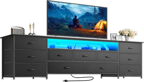 Vista 14 de Huuger Soporte de TV de 63 pulgadas para TV de 65, 70 pulgadas, cómoda larga con 11 cajones con tomas de corriente y luces LED, centro
